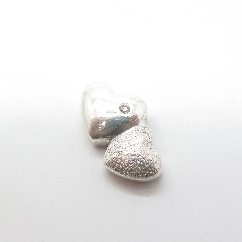 925 Sterling Silver Real Diamond Accent Heart Couple Slide Pendant - Picture 5 of 9
